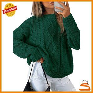 Oversized Cable Knit Crewneck Sweater 60% Cotton Soft Pullover